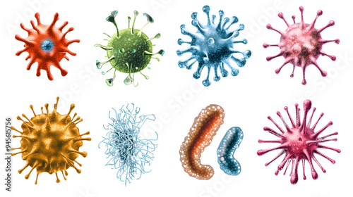 Set of microbes pathogen cell with different types of bacteria and virus isolated on transparent background