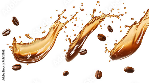 Set of Milk Brown coffee liquid swirl splash and little bubbles with falling coffee Beans isolated on transparent background