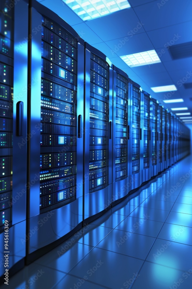 Server Room Technology. Modern Data Center With Futuristic Blue Light Reflecting Server Racks Server Room Technology. Modern Data Center With Futuristic Blue Light Reflecting Server Racks