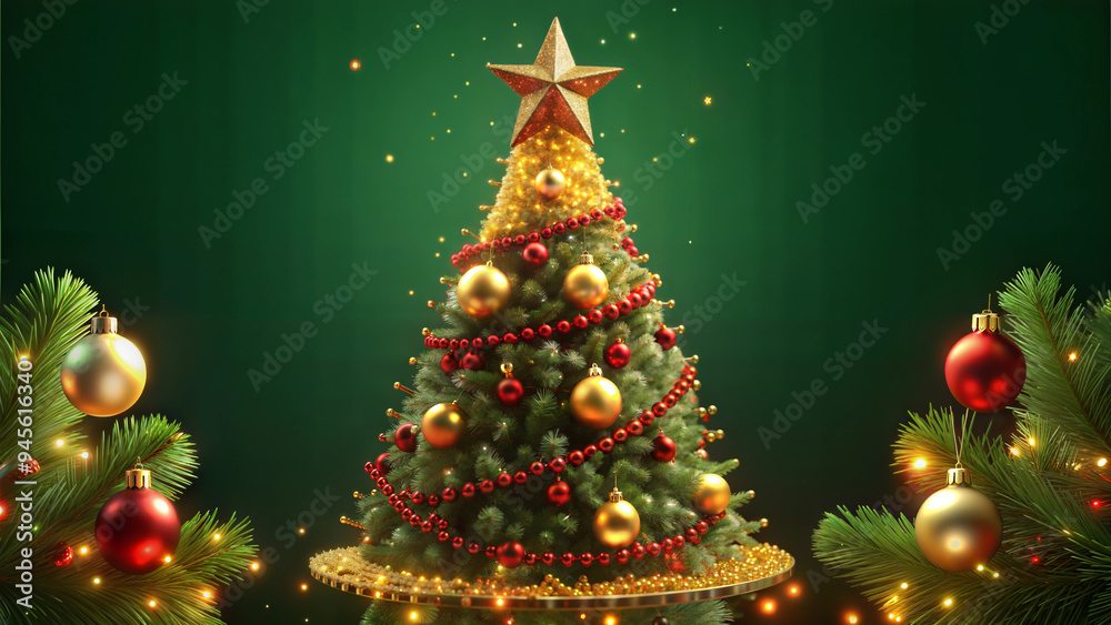 Naklejka premium Glittering Christmas Tree with Ornaments and Star, Festive Background