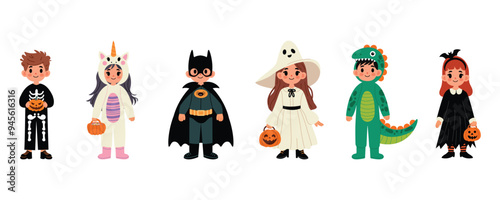Collection of kids in Halloween costumes with pumpkins. Kids in unicorn, skeleton, witch, ghost, dinosaur costume. Cute set for Halloween party. Vector illustration in the flat hand drawn style.