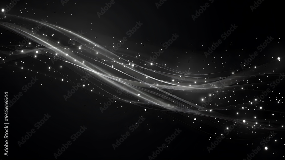 Obraz premium Abstract Black and White Flowing Lines with Glowing Dots