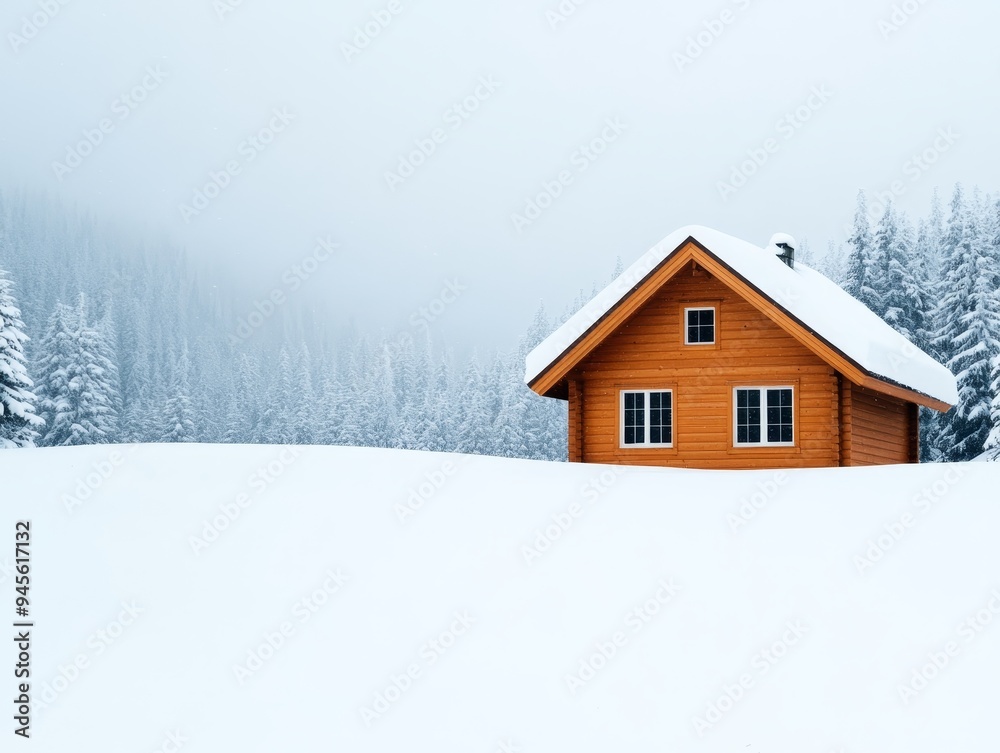 cozy wooden cabin in a snowy winter wonderland with foggy forest background. cozy wooden cabin in a snowy winter wonderland with foggy forest background.