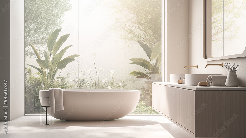 modern bathroom interior, A bathroom with a bathtub,countertops, soft towels, and plants, modern bathroom interior, A bathroom with a bathtub,countertops, soft towels, and plants,
