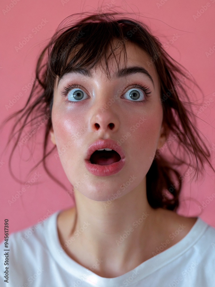 A young woman with blue eyes and short brown hair is making a surprised expression. Her lips are open and her eyes are wide.