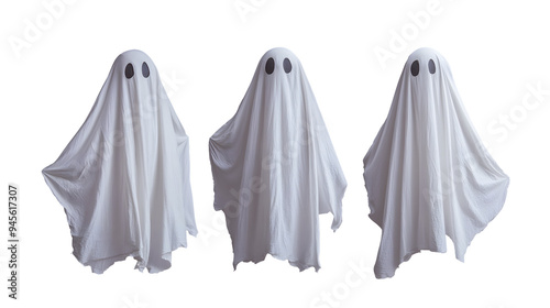 Set of White sheets ghost or cloth ghost dress up for Halloween festival party event isolated on transparent background