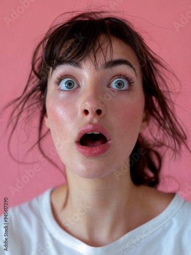 A young woman with blue eyes and short brown hair is making a surprised expression. Her lips are open and her eyes are wide.