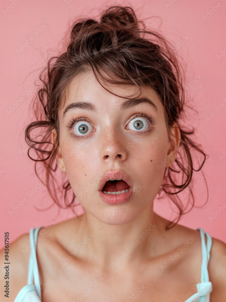 A young woman with dark hair and blue eyes is making a shocked expression. She is wearing a light blue tank top.