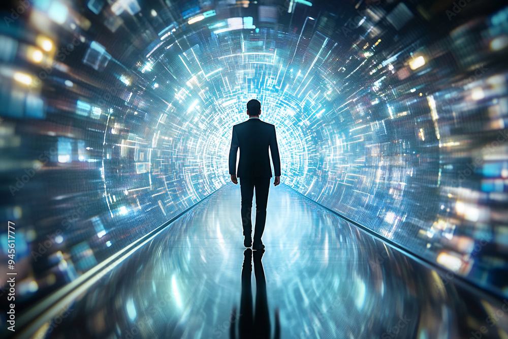 The Digital Frontier: A lone businessman ventures towards a vibrant, futuristic portal, symbolizing the boundless possibilities of the digital realm. His silhouette, bathed in a luminous glow, evokes 