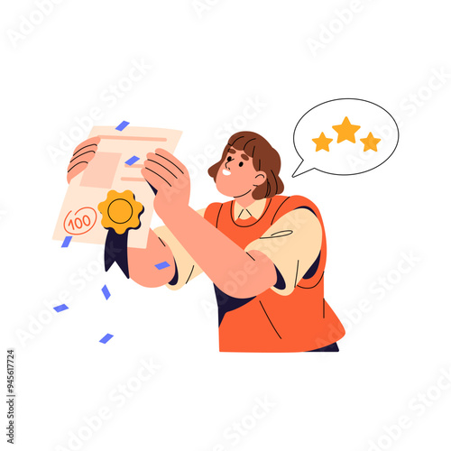 Student shows good, excellent results of test, exam. Happy girl presents certificate, diploma. Joyful pupil celebrates success, achievement. Flat isolated vector illustration on white background