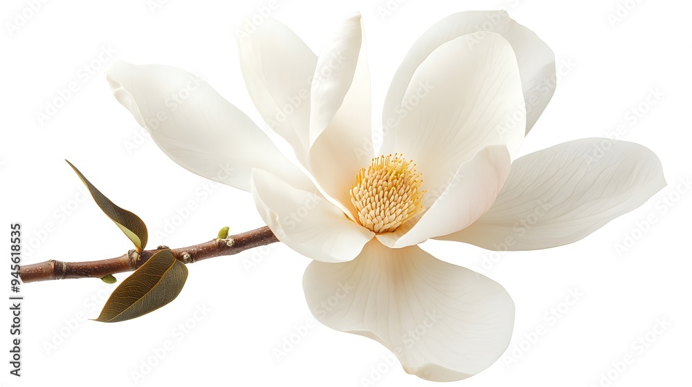 Obraz premium Magnolia floweron a pure white background. A stunning close-up of a white magnolia flower in full bloom, showcasing its delicate peta
