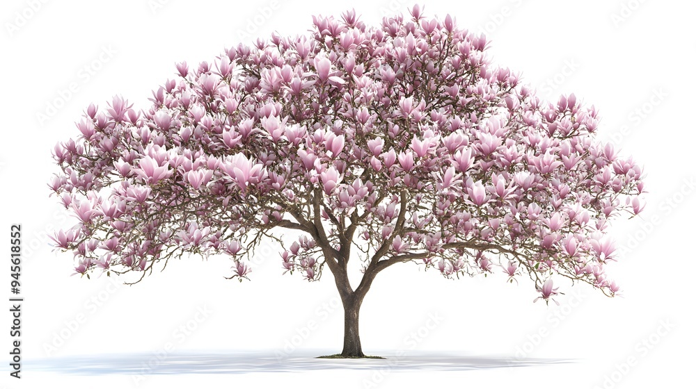 Magnolia tree on a white background. A stunning magnolia tree in full bloom with vibrant pink flowers against a w Magnolia tree on a white background. A stunning magnolia tree in full bloom with vibrant pink flowers against a w