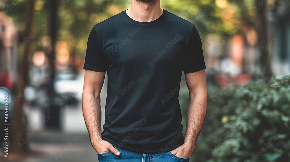 Man black tshirt mockup. A confident young man in a black t-shirt stands casually on a city street, hands in pockets, surrounded by lush greenery and 