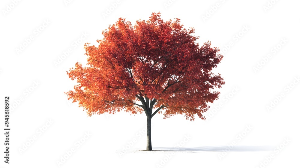 Fototapeta premium Maple tree on a white background. A solitary red maple tree stands against a white background, showcasing vibrant au