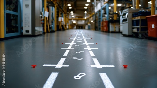 Industrial warehouse aisle with marked pathway on the floor Created with Generative AI. photo