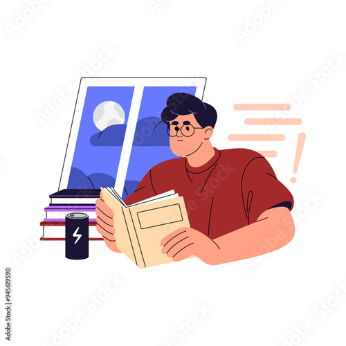 Student studies, prepares for exam at night. Pupil learning, works, reads book at nighttime. Person does homework with textbook, energy drink at late time. Flat isolated vector illustration on white