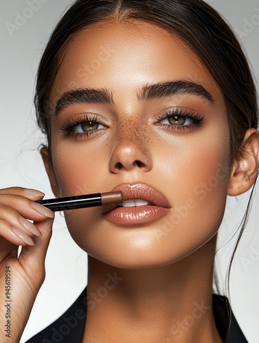 A stunning model applying lip liner, showcasing flawless skin and expressive eyes, ideal for beauty and makeup related projects.