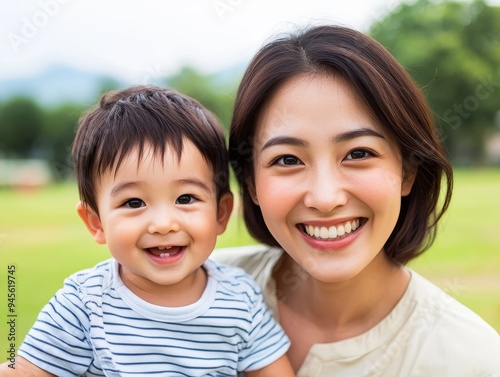 happy asian mother and son portrait in a park on a sunny day.