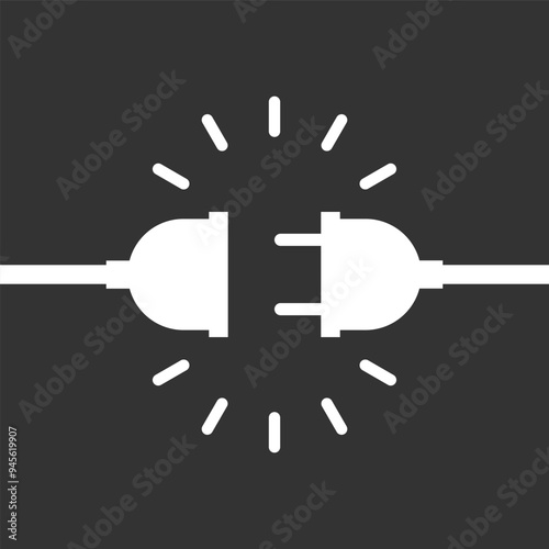 Electric socket and plug graphic icon. Electricity connection or disconnection sign isolated on black background. Vector illustration