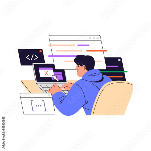 Software engineer writing code on computer. Coder programming database. Programmer typing script, solves problems in algorithm. Digital development. Flat isolated vector illustration on white