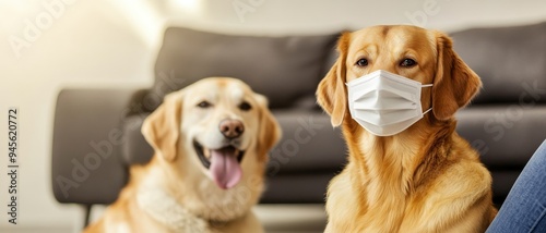 golden retriever dog wearing a protective face mask, cautious dog looking on, covid-19, safety precautions, pet care, health, stay safe.