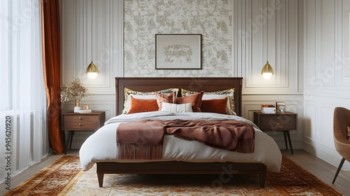 modern bedroom with vintage wallpaper retro fur. Modern bedroom with vintage wallpaper, retro furniture pieces, and classic textiles, creating a nosta photo