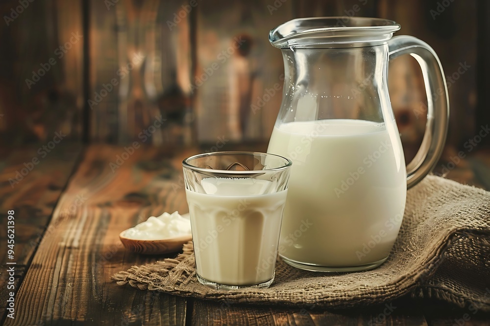 Milk in a glass and jug on a dark wooden background. Milk in a glass and jug on a dark wooden background.
