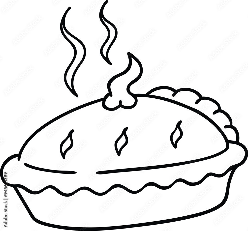 A pie with steam floating up featured in a playful kids coloring book
A pie with steam floating up featured in a playful kids coloring book