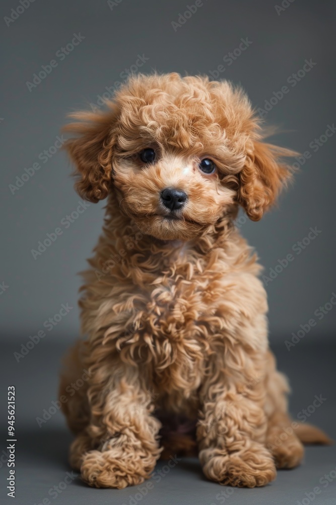 A small brown dog sits on a gray floor, ready for play or snuggle A small brown dog sits on a gray floor, ready for play or snuggle
