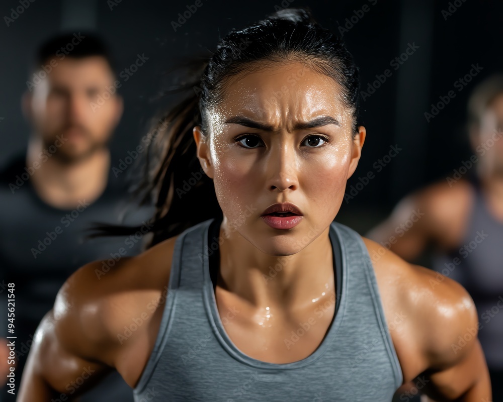 A group of people pushing themselves through a high-intensity interval training session, with sweat flying and determination on their faces, HIIT workout, group intensity A group of people pushing themselves through a high-intensity interval training session, with sweat flying and determination on their faces, HIIT workout, group intensity