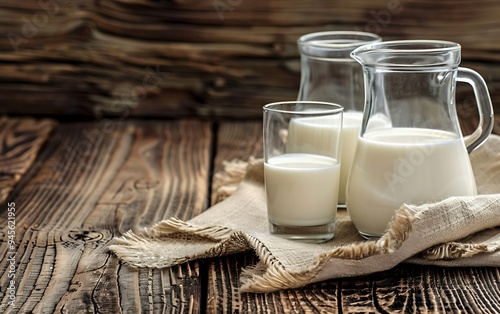 Milk in a glass and jug on a dark wooden background. photo