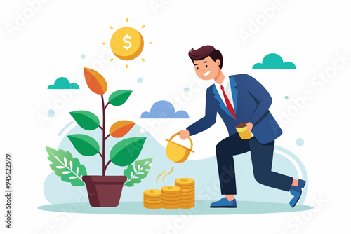 Investment growth, investing for financial independent or financial freedom, mutual fund or growth stock, saving or earning profit concept, businessman hand put money coin on growing money seedling. S