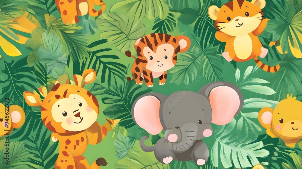 Naklejka premium playful jungle animals including monkeys elepha. Playful jungle animals, including monkeys, elephants, and tigers, on seamless tiled wallpaper