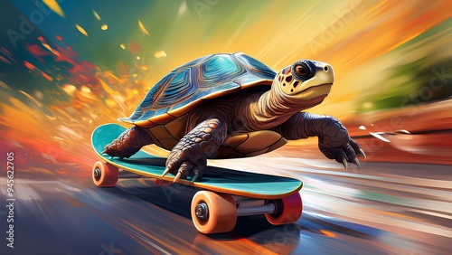 A fast turtle rides on wheels on the road. Cartoon turtle rushing at high speed. Concept: haste, slowness, lateness.