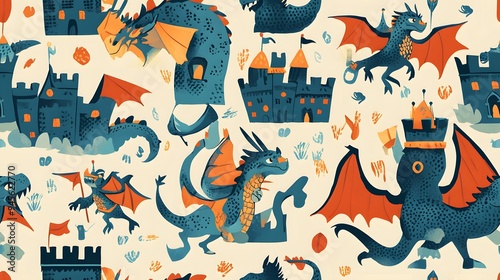 playful knights and dragons in a medieval castl. Playful knights and dragons in a medieval castle setting,on seamless tiled wallpaper