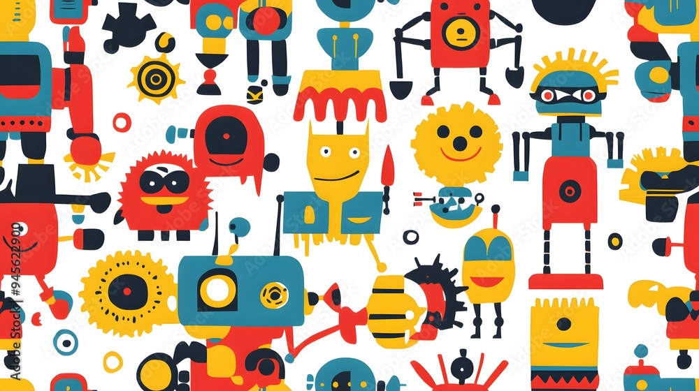 Fototapeta premium Playful robots and gears in bright, primary colors, on.a seamless tiled wallpaper