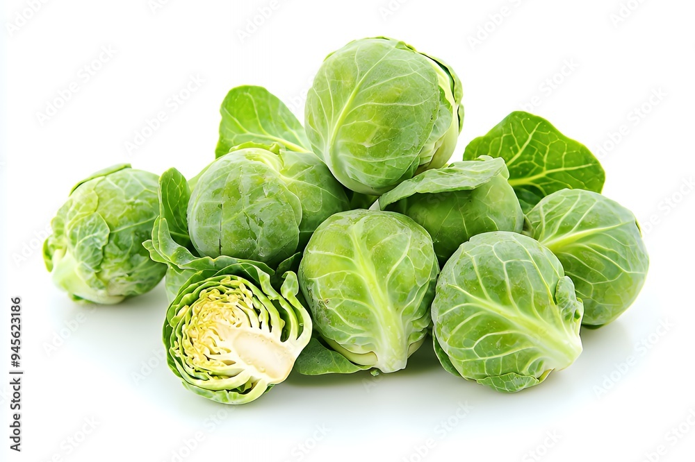 A pile of fresh Brussels sprouts with one cut in half, showcasing its vibrant green interior. A pile of fresh Brussels sprouts with one cut in half, showcasing its vibrant green interior.