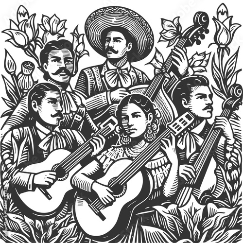 Mexican mariachi band, musicians playing guitars and other instruments, floral elements sketch engraving generative ai vector illustration. Scratch board imitation. Black and white image.