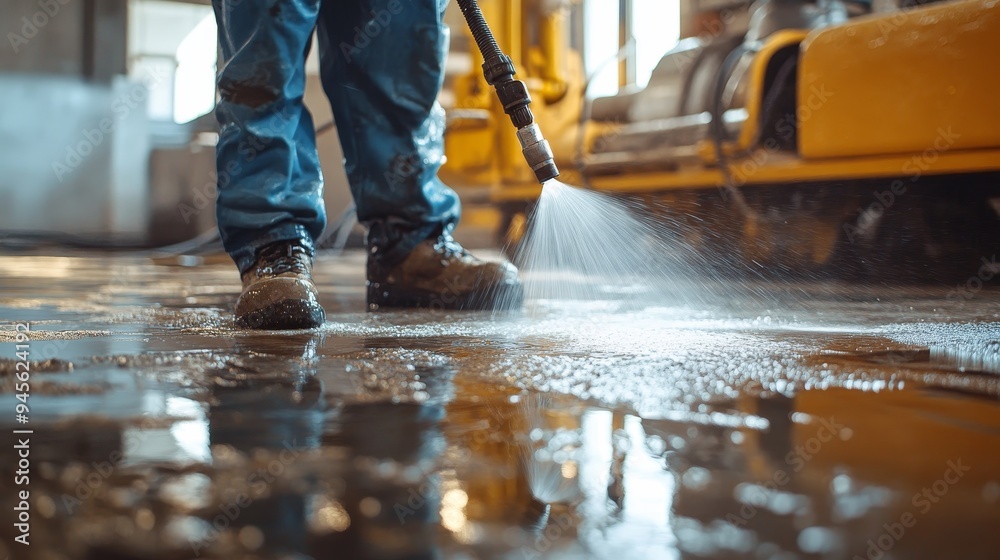A high-pressure cleaning machine deep cleaning a stone sidewalk, water streaming across the surface A high-pressure cleaning machine deep cleaning a stone sidewalk, water streaming across the surface