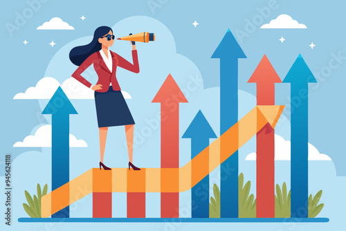 Searching for growth opportunity, vision to look and see future, challenge ahead or motivation to grow business concept, businesswoman on arrows look through binoculars to find business opportunity. 
