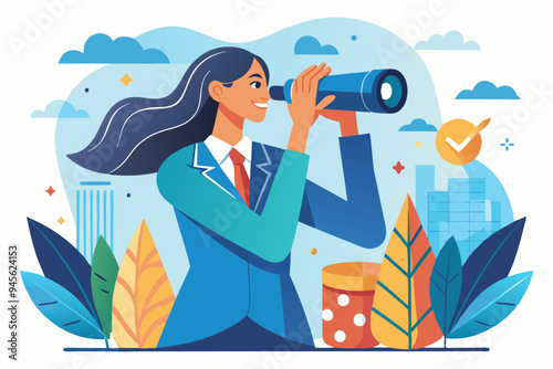 Searching for growth opportunity, vision to look and see future, challenge ahead or motivation to grow business concept, businesswoman on arrows look through binoculars to find business opportunity. 
