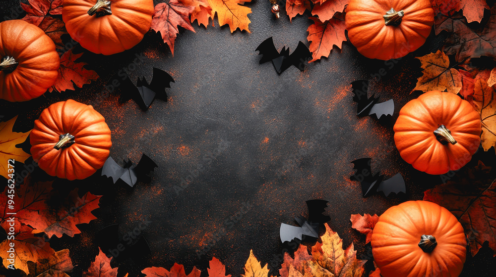 Halloween themed scene with pumpkins, black bats, autumn leaves, and a bright orange background Halloween themed scene with pumpkins, black bats, autumn leaves, and a bright orange background
