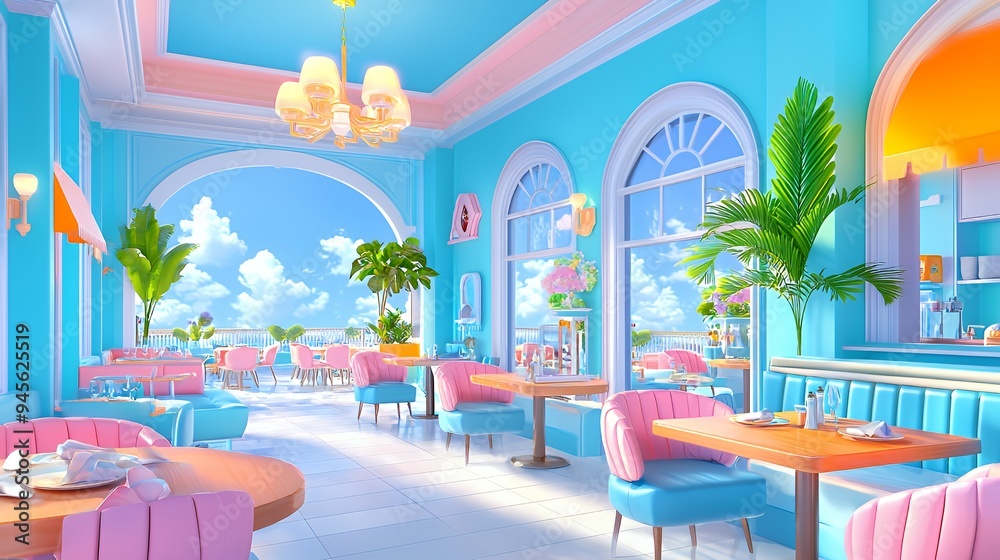 Fototapeta premium A vibrant, pastel-colored restaurant interior with scenic views and tropical decor.