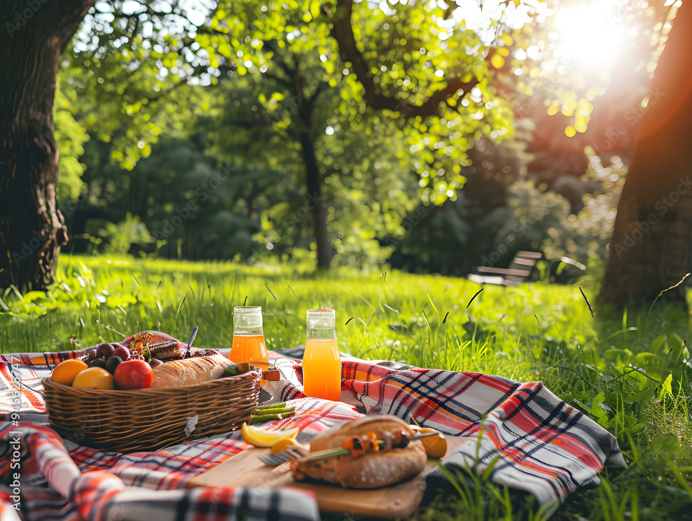 Families enjoy barbecue at picturesque park with green trees and blue skies on sunny day. Families enjoy barbecue at picturesque park with green trees and blue skies on sunny day.
