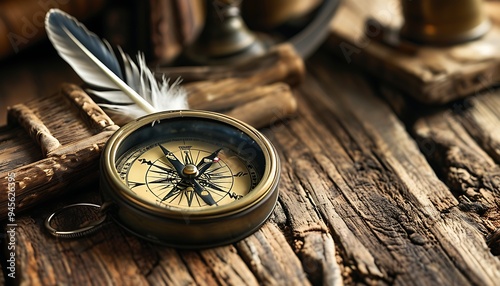 An ancient compass is placed on a rough wooden tabletop, surrounded by wine glasses and a quill, creating a strong sense of adventure. photo