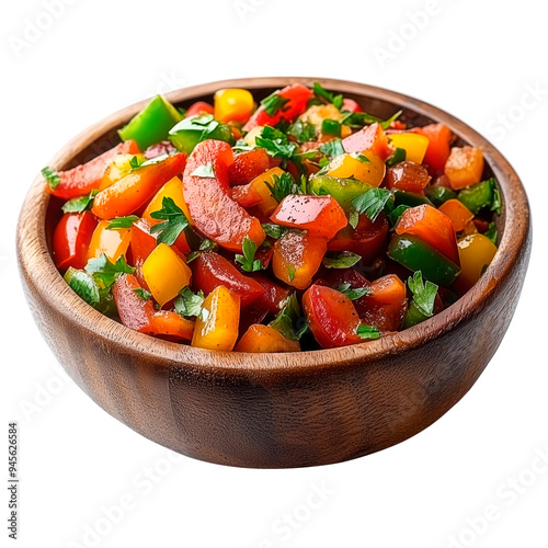 Fresh vegetable salad in a wooden bowl with vibrant colors, transparent background, png image