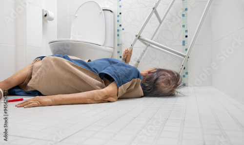 Elderly woman falling in bathroom because slippery surfaces.
