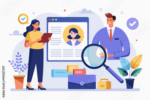 Recruitment finding candidate for job applicant, human resources HR analyze or scan candidate winner, search new people for job opportunity concept, HR recruiter magnifying glass analyze candidate
