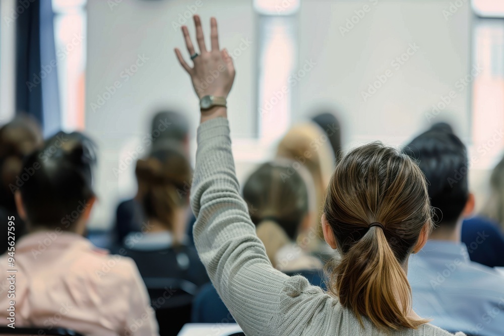 Back view of creative woman asking a question on education event in the office. Rear view of a female freelancer raising her hands to ask a question on a seminar in board room. Back view of creative woman asking a question on education event in the office. Rear view of a female freelancer raising her hands to ask a question on a seminar in board room.