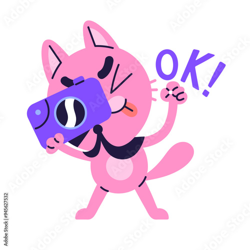 Cute cat takes photo, photography. Funny photographer with approval hand gesture, Ok. Abstract kitten holds camera, does photograph, snapshot. Flat isolated vector illustration on white background